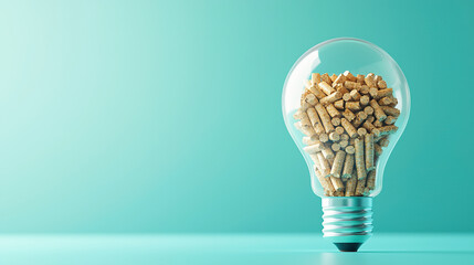 light bulb filled with wood pellets symbolizes sustainable energy and innovation against teal background. 
