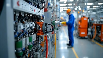 Close up detailed view of the fuel blending process showing the mixing of various industrial chemical components in a laboratory or factory setting  The image highlights the complex equipment