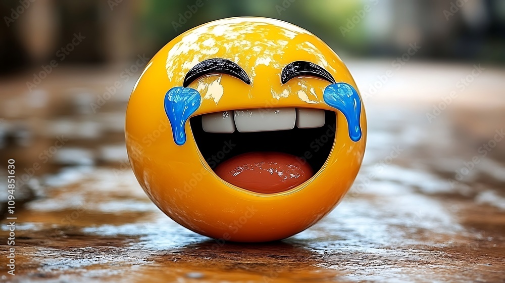 Fototapete 3d rendering of a laughing emoji with tears of joy on a wooden surface.