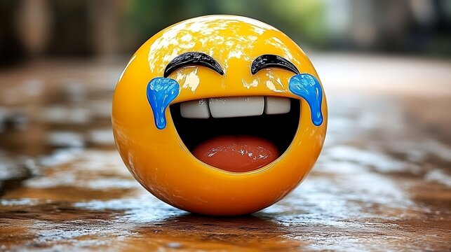 3D rendering of a laughing emoji with tears of joy on a wooden surface.