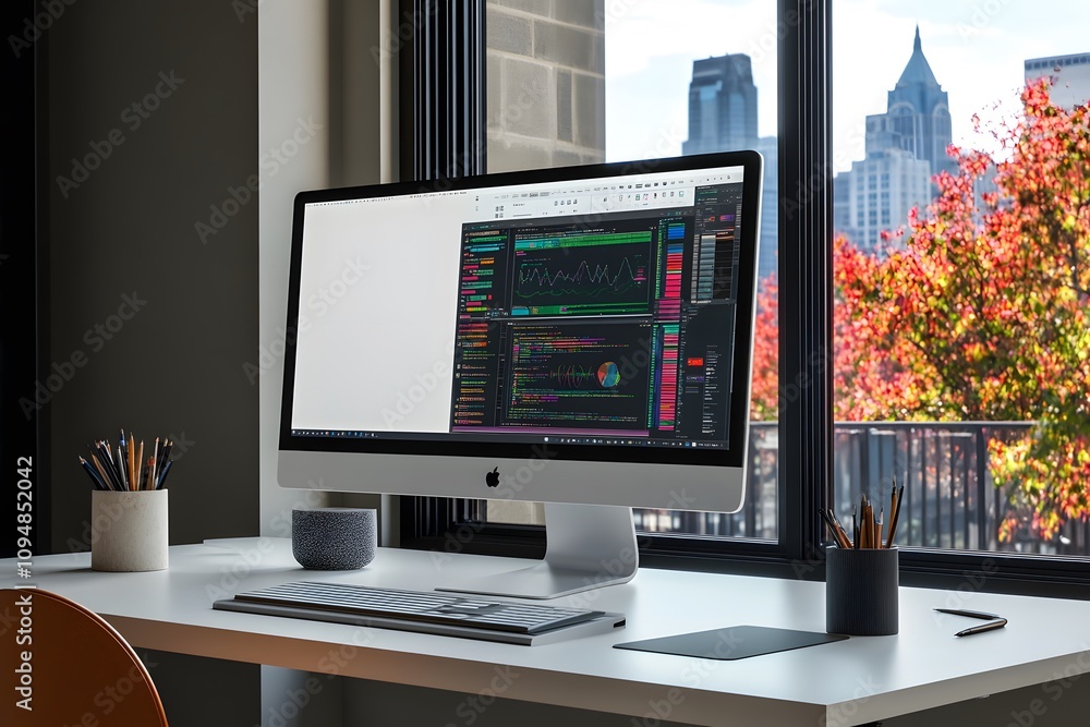 Poster a modern workspace featuring a computer with data analysis and a cityscape view.