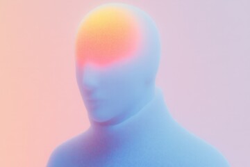 Glowing cyberpunk robot silhouette meditating, featuring a human head made of particles or dots, with a red nose and red glowing particles to the forehead