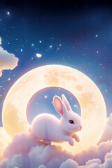 fairy-tale rabbit on the ethereal sky background with the shining moon, glittering stars, and fluffy clouds, in a cozy, dreamy, and playful atmosphere