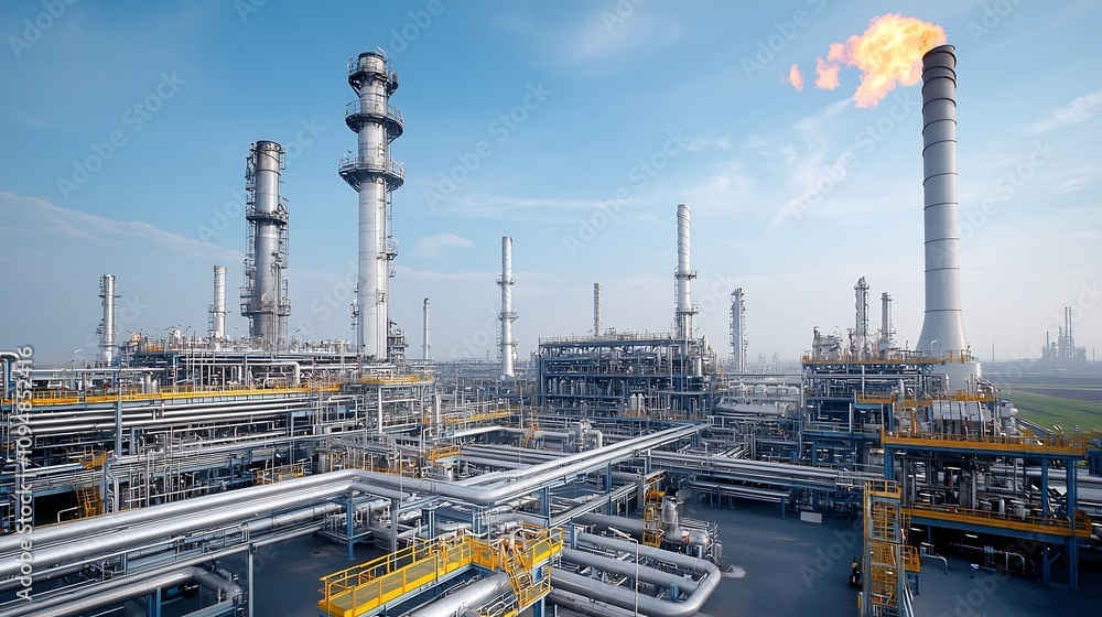 Poster expansive industrial network of intricate refinery pipelines stretching into the distant horizon sho