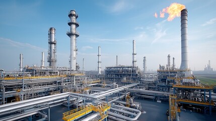 Expansive industrial network of intricate refinery pipelines stretching into the distant horizon showcasing the scale and complexity of modern energy production and distribution infrastructure