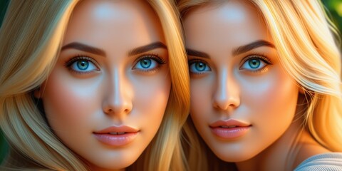 Obraz premium Closeup portrait of two women with radiant eyes and golden hair in sunlight