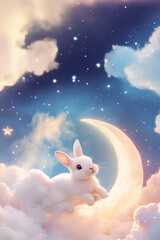 fairy-tale rabbit on the ethereal sky background with the shining moon, glittering stars, and fluffy clouds, in a cozy, dreamy, and playful atmosphere