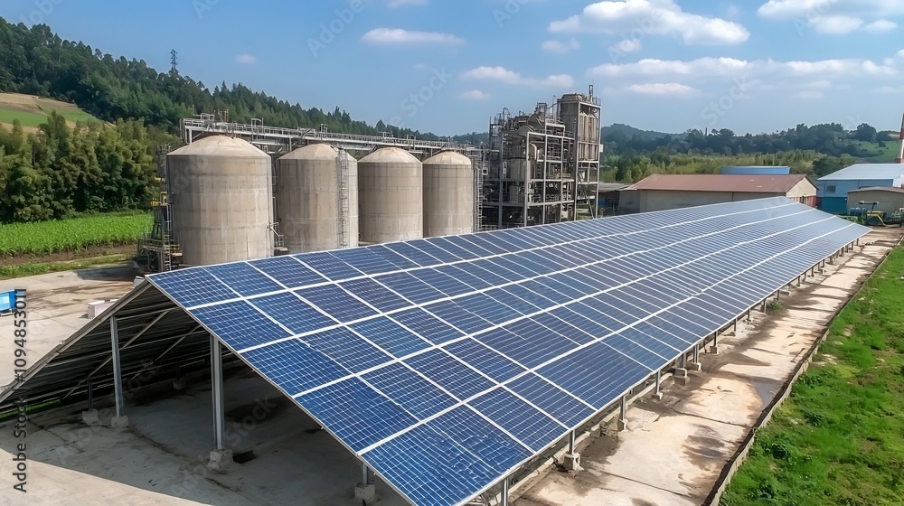 Aufkleber solar panels installed next to a biofuel processing plant showcasing a hybrid energy system that com