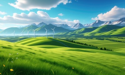 Fototapeta premium Scenic wind farm in lush green valley with majestic mountains and blue sky