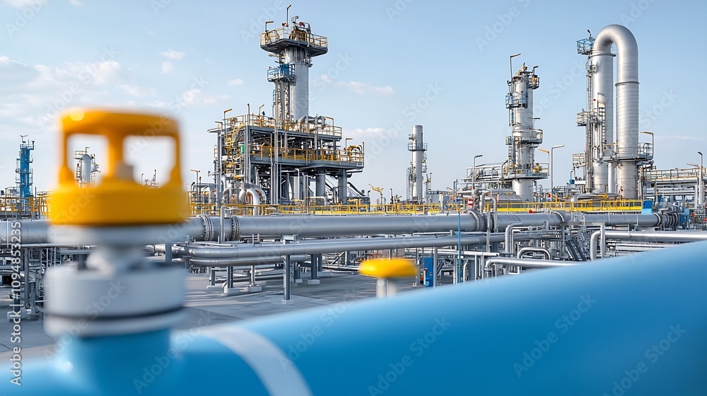 Aufkleber close up of the intricate network of smooth metallic pipelines and industrial structures at a modern