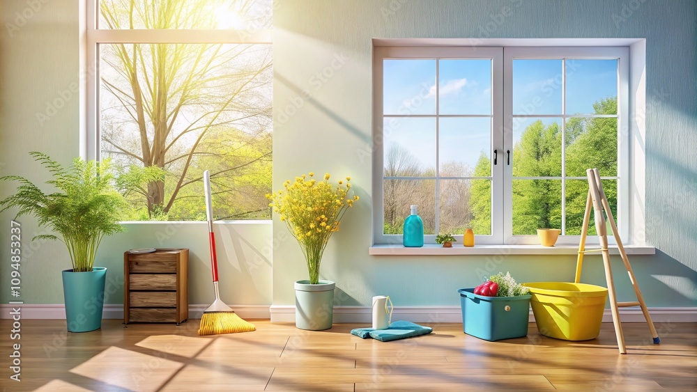 Poster bright and clean spaces: a minimalist approach to spring cleaning with fresh colors and simple desig