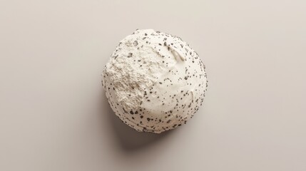 This object features a round shape with a cork-like texture, displaying a mixture of gray and black speckles. It rests on a neutral background, emphasizing its unique surface detail and color.