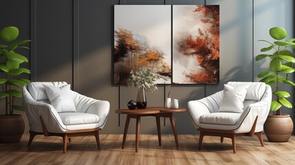 Two sleek white leather chairs and a round coffee table in a mid-century modern living room. Poster frame adds a creative touch to the design.