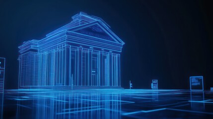 Obraz premium Digital Bank: Futuristic Wireframe of a Neoclassical Building