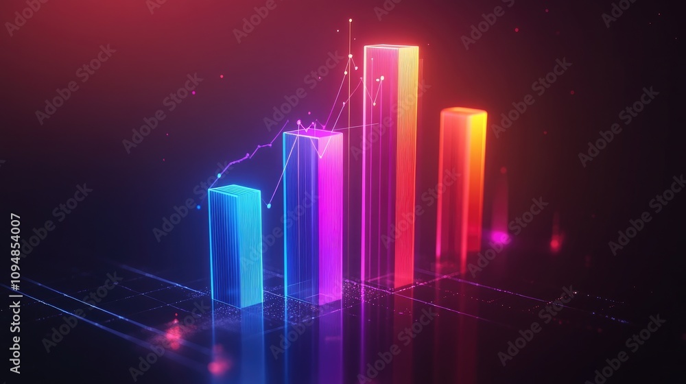 Poster an abstract 3d bar graph illustrating a comparison of different categories, with glossy textures and