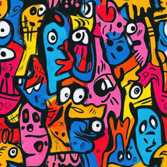 Vibrant Street Art Mural with Bold Colors and Social Commentary Featuring a Seamless Pattern of Playful Faces and Abstract Designs for Urban Aesthetics