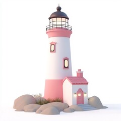 Cute Cartoon Style Lighthouse on Coastal Island with Minimalist Design