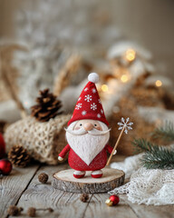 Photo of a Christmas gift a cute dwarf gnome on a wooden board holding a magic wand with a snowflake on a background with christmas decoration
