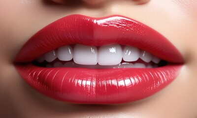 Obraz premium Closeup of glossy red lips with a perfect smile