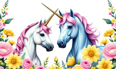 Enchanting unicorn pair surrounded by vibrant floral blooms