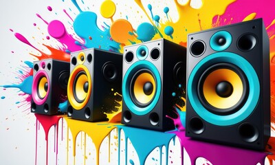 Vibrant speakers on colorful splattered background for creative audio themes