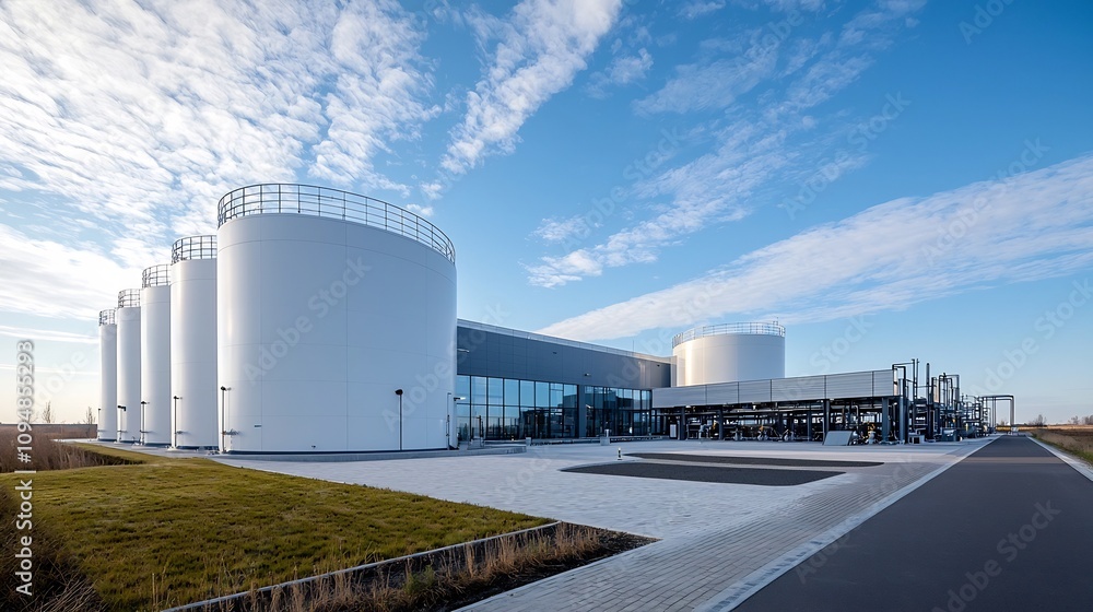 Poster aerial view of a sleek and modern fuel storage facility with high tech architecture illuminated agai