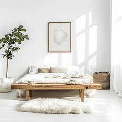 Serene Minimalist Bedroom Interior with Wooden Bench, White Bedding, and Natural Light.