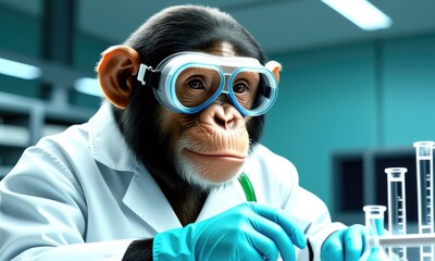 Chimpanzee scientist in laboratory with safety gear conducting experiments