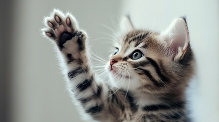 A playful tabby kitten reaching out with its paw as if to grab something on a white background