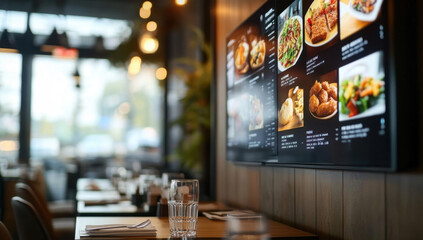 modern restaurant interior with digital signage screens