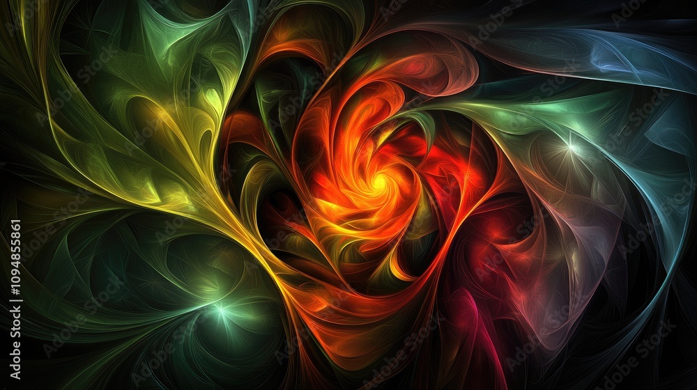 Poster an artistic composition featuring spiraling lines in contrasting colors on a dark background, creati