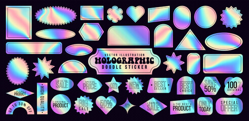 Set of colorful neon doodle sticker, blank shiny y2k label, rainbow emblem, sale badge, gradient hologram comic icon and iridescent product tag with holographic effect. Holographic pvc sticker pattern