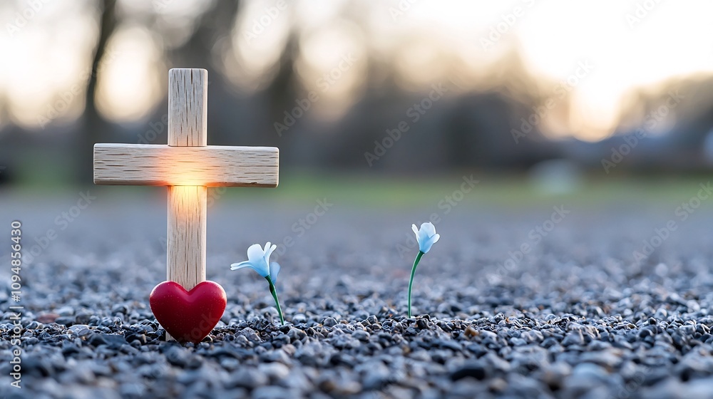 Aufkleber glowing wooden christian cross with red heart at its base on gravel ground surrounded by an ethereal
