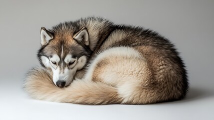 A malamute sitting with a fluffy tail curled around its body on a white background