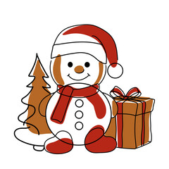 Сhristmas line art hand drawn vector. Holidays events. Santa, snowman, Christmas tree, decoration, and gifts