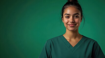 Obraz premium A healthcare worker stands smiling in front of a solid green backdrop, wearing dark scrubs and radiating warmth and professionalism in a clinic environment.
