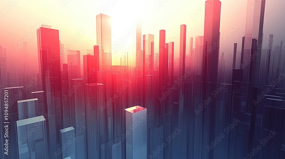 Poster an artistic representation of a 3d bar chart with a futuristic design, displaying multiple data sets