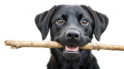 A Labrador retriever holding a stick in its mouth on a clean white background