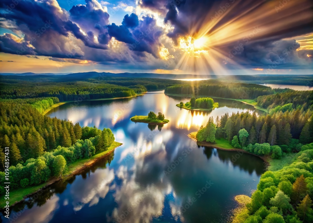 Poster captivating abstract light rays illuminating a tranquil landscape with vibrant colors and ethereal a