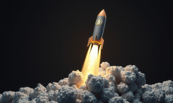 rocket launching with Bitcoin symbol, representing cryptocurrency growth and innovation. scene is dynamic and futuristic, capturing excitement of digital finance