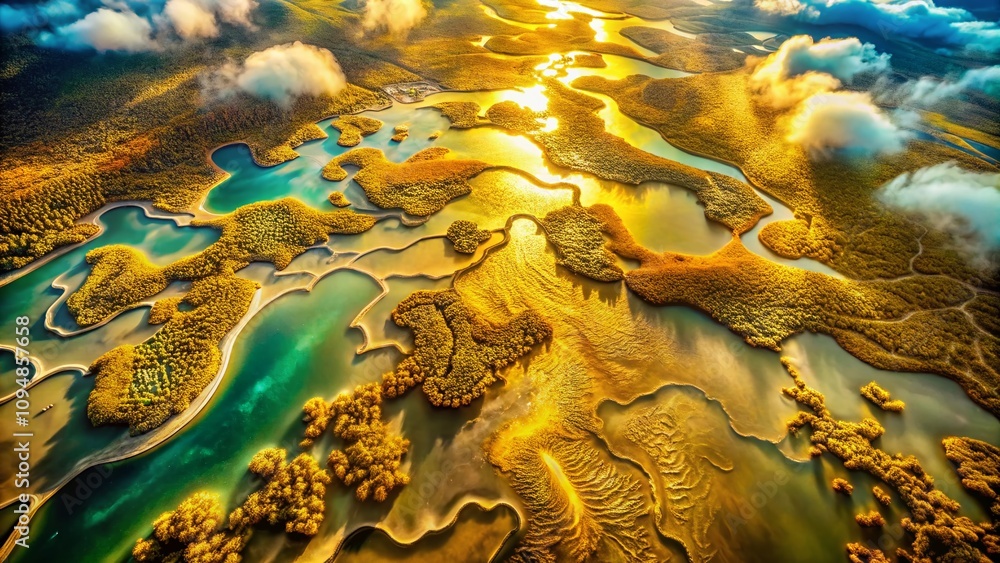 Poster captivating aerial view of an abstract golden background with rich textures and patterns, perfect fo