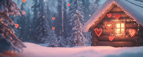 3D illustration of a cozy log cabin decorated for Valentine’s Day in a snowy forest