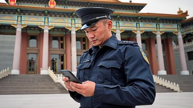 A Chinese police officer in uniform using a smartphone in front of a traditional architectural building. Concept of security and the integration of technology in public service.