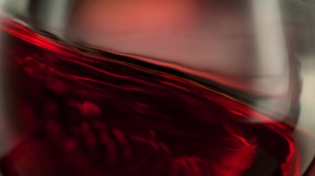 Super Slow Motion Macro Shot of Spinning Red Wine in Glass at 1000fps.