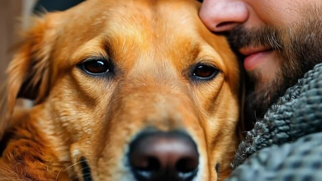 A heartfelt close-up of a golden dog snuggling with its owner, showcasing their strong bond. Concept of unconditional love and the emotional connection between pets and humans.