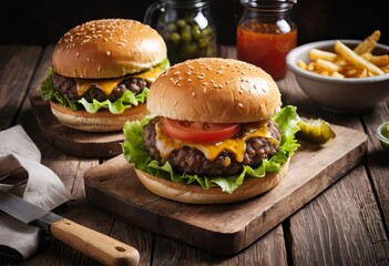 A close-up of a hamburger on a wooden cutting board with lettuce and tomato on top