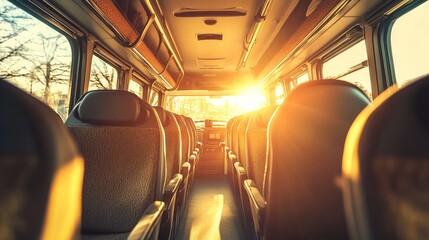 An empty bus interior showcasing rows of bright seats and modern amenities, with sunlight streaming through the windows, highlighting a clean and inviting space.