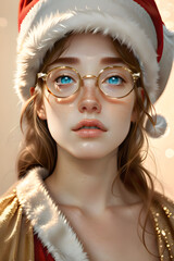 Festive Portrait of a glamorous Woman in Santa Hat with Golden Outfit and Glasses