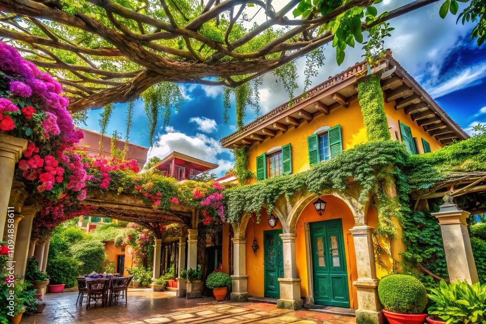 Poster captivating architectural photography featuring b caapi vine in a lush natural setting with intricat