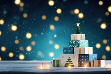 Stack of colorful gift boxes with ribbons on festive bokeh background